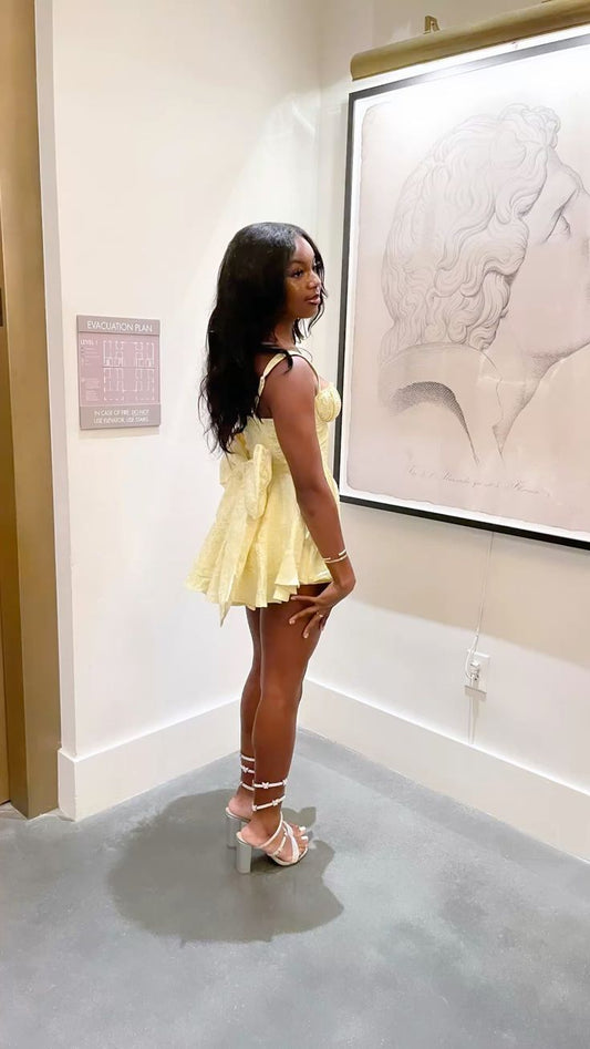 Classy A line Spaghetti Strap Yellow Satin For Black Girls For Teens With Bow-knot Party Short Mini 19th Birthday Dresses Hoco Outfit RB3787
