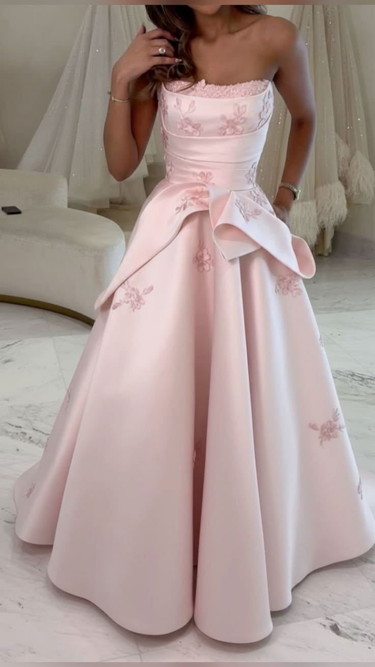 Elegant Ball Gown Strapless Pink Satin With Appliqued Perfection-Formal Goals Nigh Evening Long Prom Dress Party Outfits RB6757