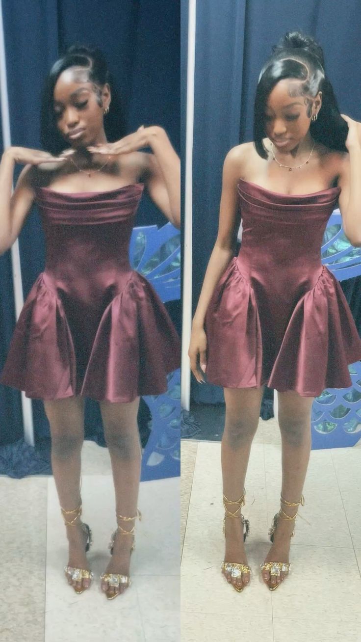 Romantic Ball Gown Strapless For Black Women Girls Burgundy Wine Red Satin Cocktail Dress Homecoming Dresses Hoco Outfits RB4728