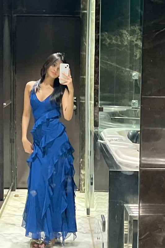 Modest A Line Spaghetti Straps Blue Ruffled Prom Dresses Long Bridesmaid Dress AB1617