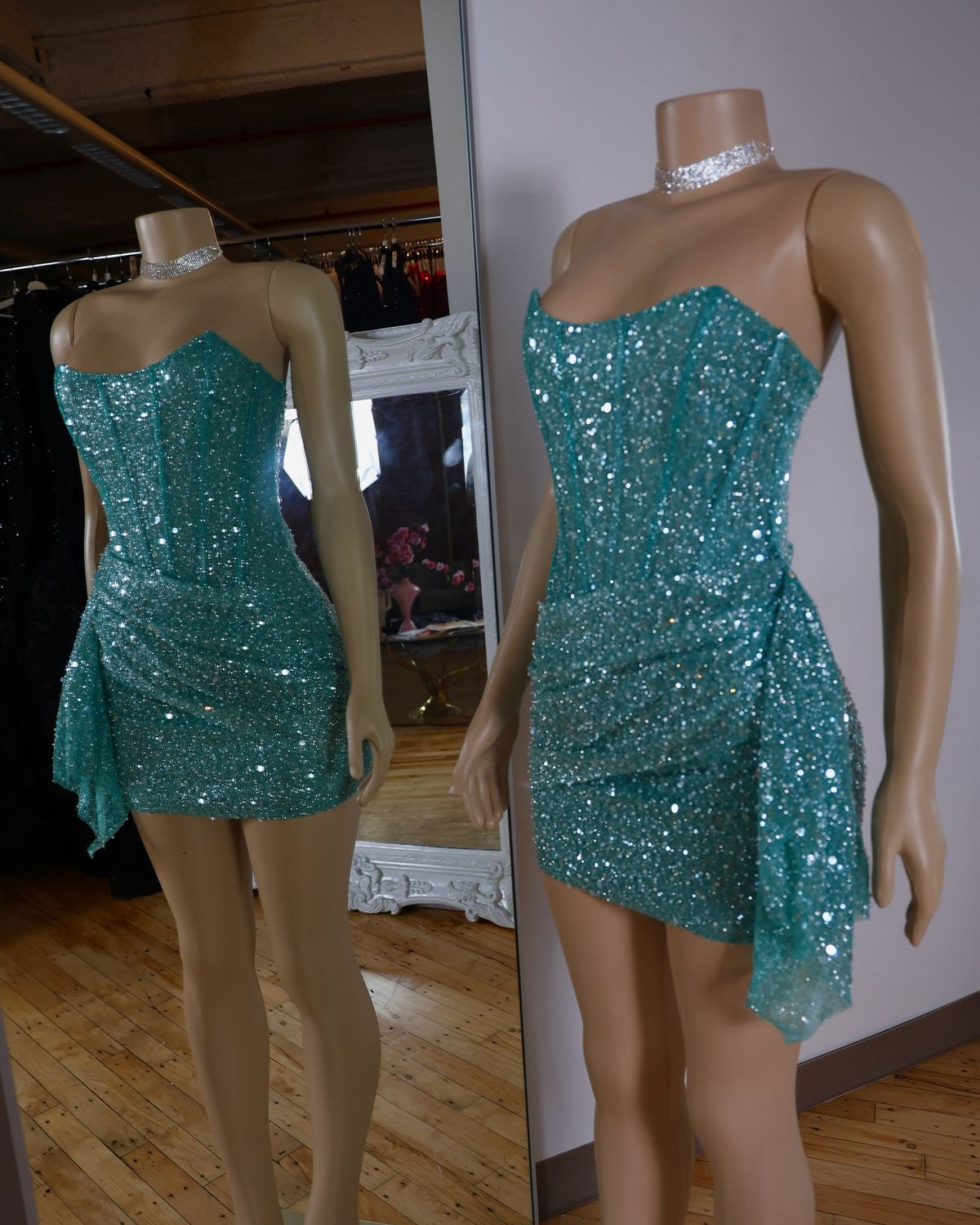 Funkelnde Etuikleid Trägerlos Blau Pailletten Mini Abschlussball Hoco Kleider Kurz Senior Homecoming Outfits RB3671