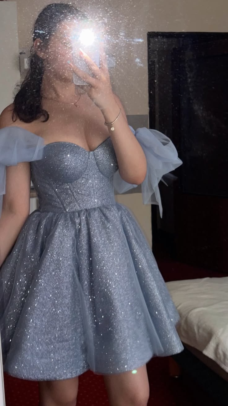 Shimmering Ball Gown Straps With Bow Blue for Prom Night Short Hoco Gown Homecoming Dresses RB6346