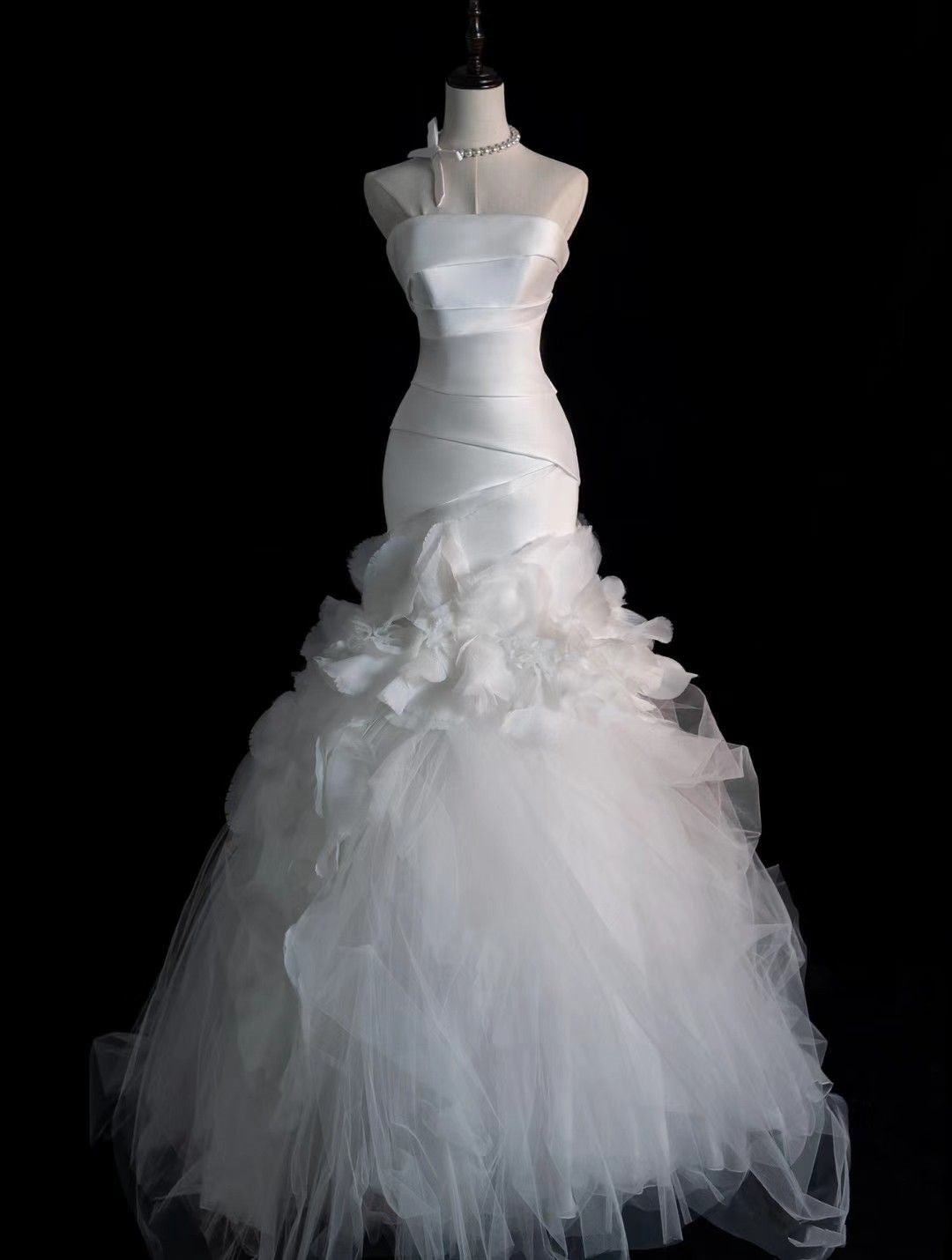 Robe de mariée longue plissée en tulle blanc, style sirène années 80, sans bretelles ni manches, AB1495