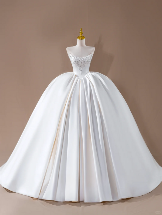 Princess Ball Gown Strapless Satin White Long Wedding Dress Beautiful Formal Brides Gown Wedding Dresses DH2819