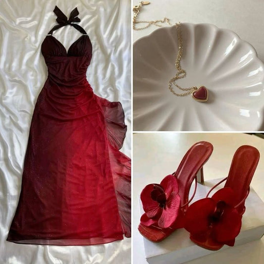 Stunning Mermaid Halter Burgundy Sequined Chiffon Long Prom Dresses Inspo Glitter Prom Gown DH2938