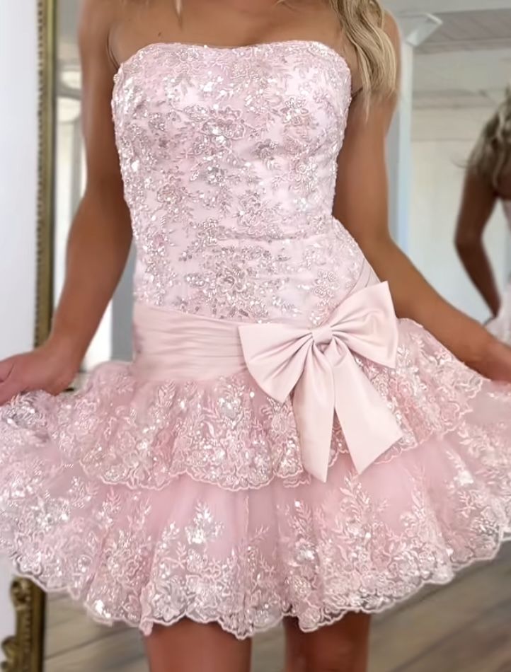 Glitter Sheath Strapless Lace Pink Hoco Gown Homecoming Dress Mini Party Dresses RB6511