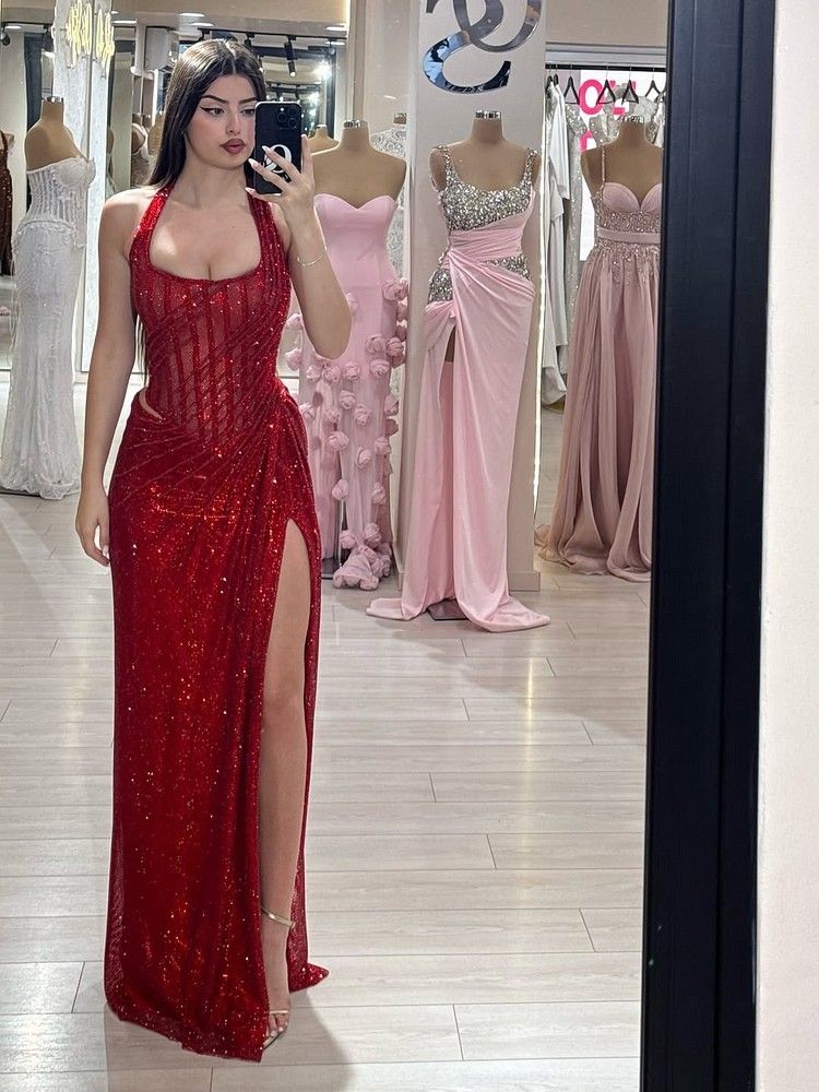Robe de soirée sirène élégante à sequins bordeaux avec fente, dos nu, longue robe de bal de fin d'année, robe de 18 ans AB1409