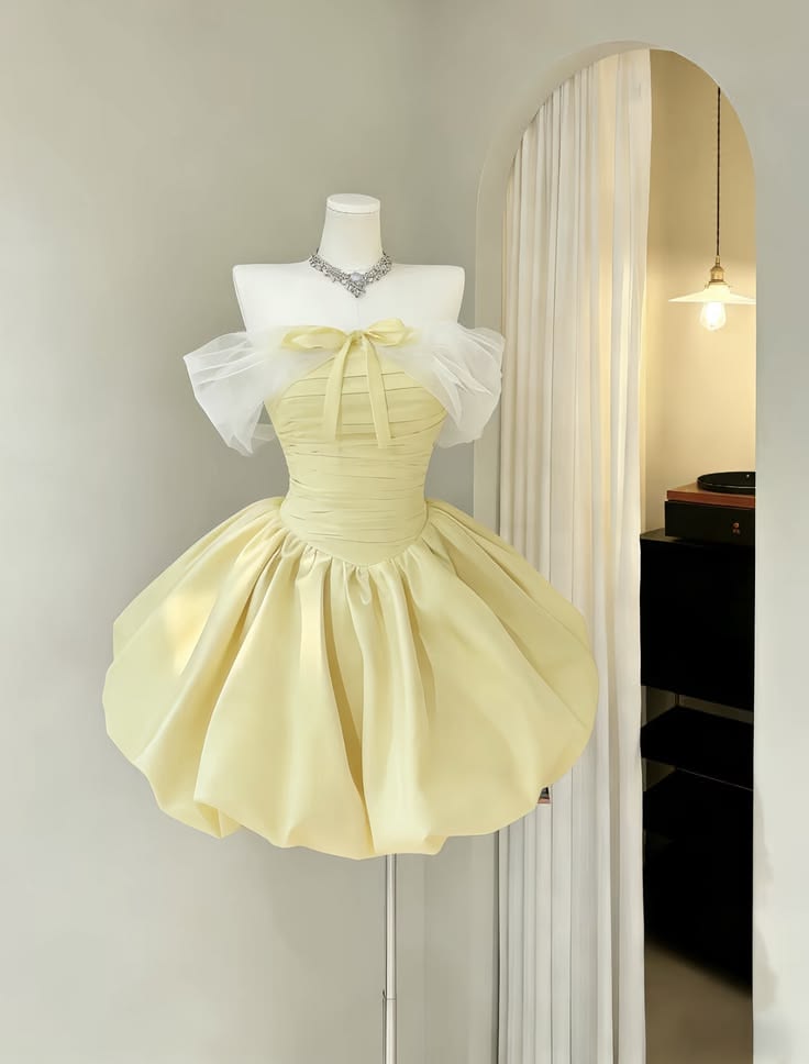 Cute Ball Gown Off The Shoulder Yellow Satin Short Mini 18th Birthday Party Homecoming Dresses RB6348