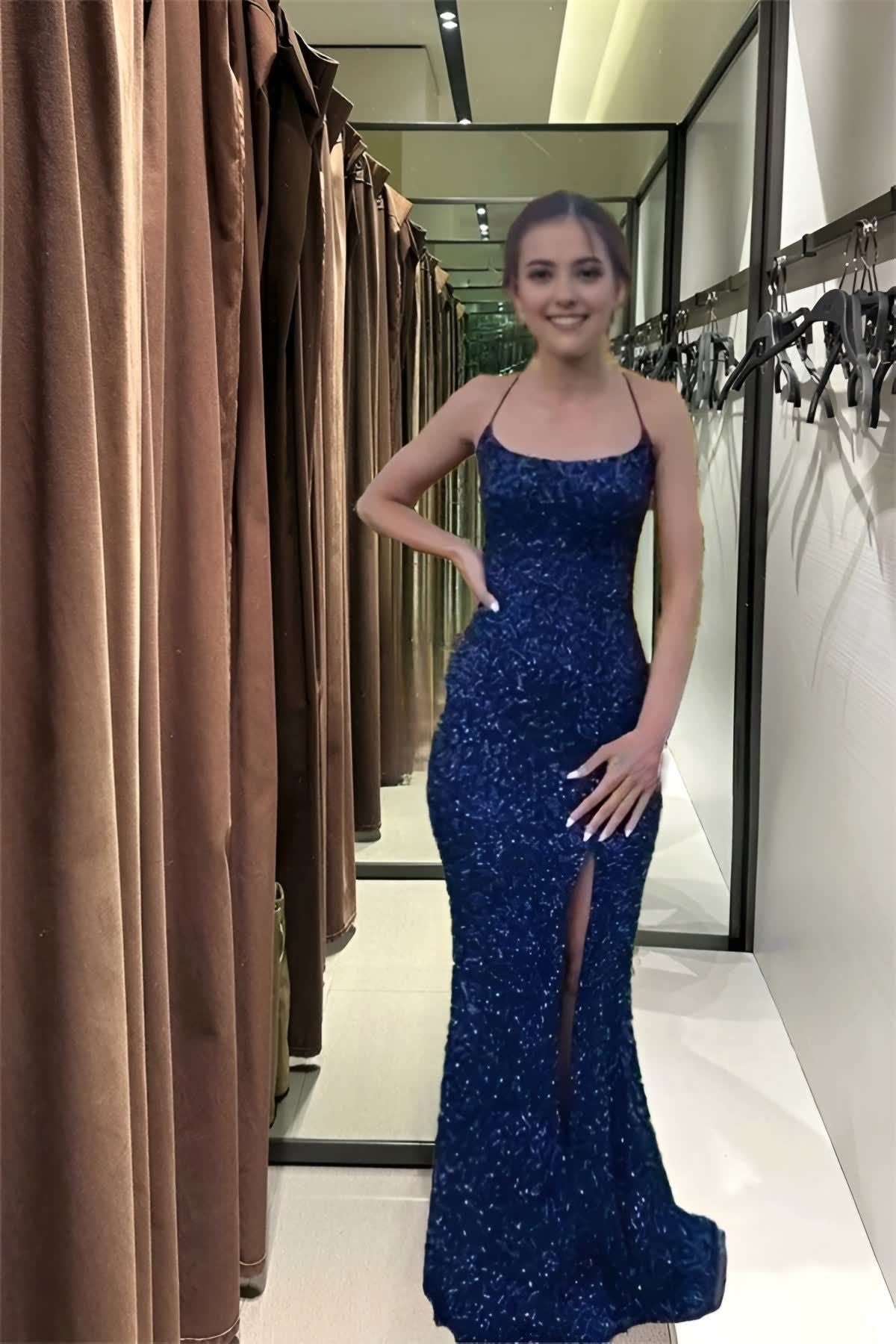Navy Blue Sequin Long Prom Dresses Mermaid Cross Back Evening Party Dresses AB679