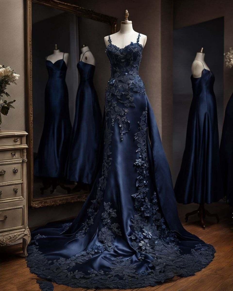Robe de bal unique bleu marine en satin avec dentelle et décolleté cœur - Inspiration robe de soirée AB747
