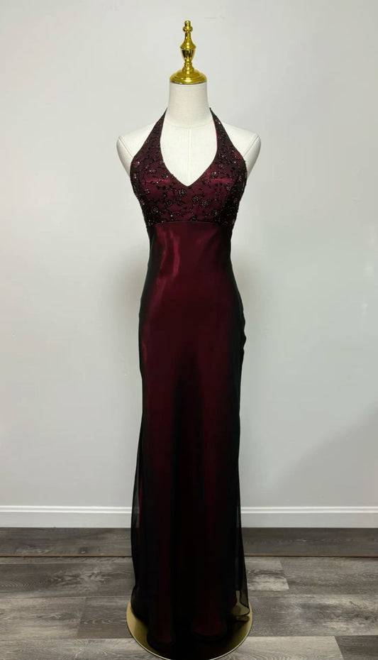 Vintage 90er Jahre Meerjungfrauen-Halterkleid aus burgunderrotem Tüll, langes, formelles Abendkleid, elegantes Ballkleid, Dinner-Outfit, stilvolles Partykleid AB2039