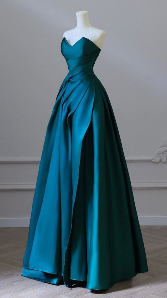A-Linien-Abendkleid aus grünem Satin mit Herzausschnitt, langes formelles Abendkleid aus grünem Satin AB199