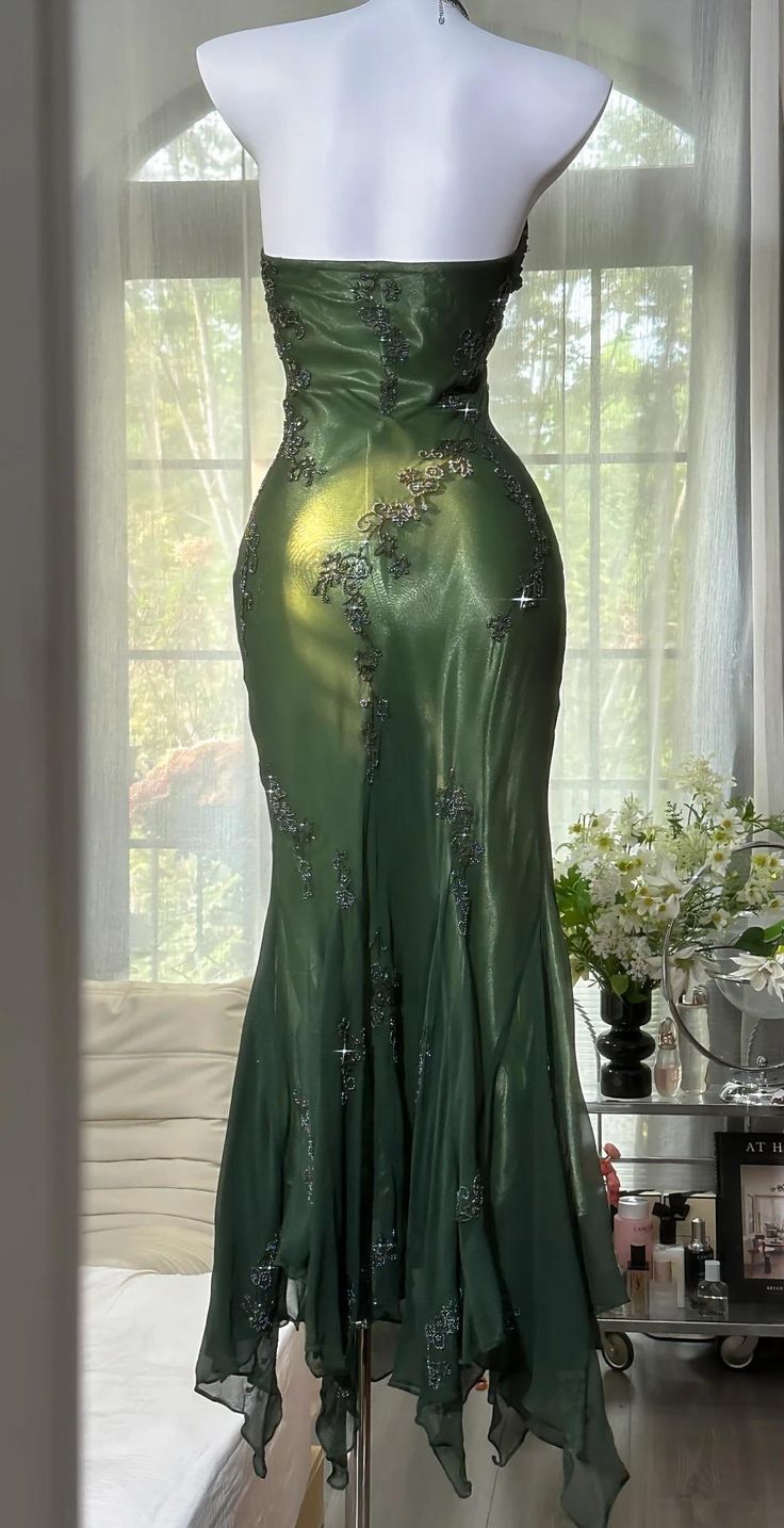 Vintage Halter Mermaid Long Prom Dresses Chiffon Beaded Dark Green Long Formal Dresses Graduation Dress N1617