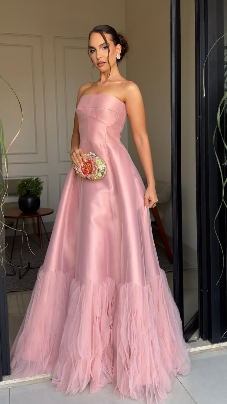 Charming A line Strapless Pink Satin Inspiration Sleeveless Long Prom Dresses Wedding Guest Dress Prom Gowns AB263