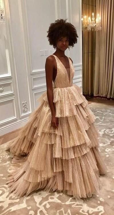 Luxuriöses, goldfarbenes, plissiertes, mehrlagiges Ballkleid/Abendkleid/Quinceañera-Partykleid N801