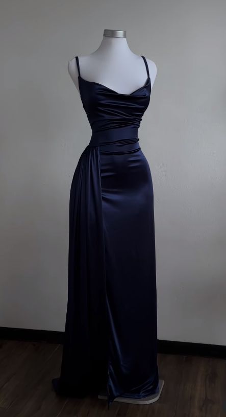 Modest Mermaid Spaghetti Straps Navy Blue Satin With Ruched For Women Party Dress Long Formal Prom Dresses 21st Birthday Outfits AB1420