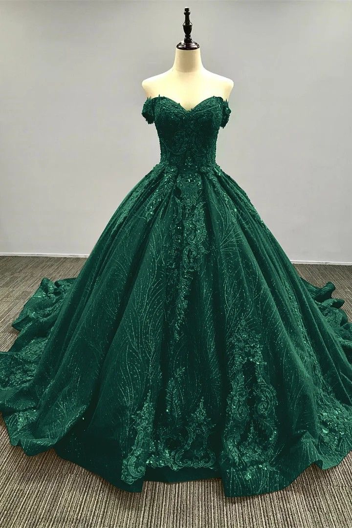 Smaragdgrünes Ballkleid, schulterfrei, mit Spitze, Applikationen, luxuriöses Geburtstagskleid für den 15. und 16. Geburtstag, AB1422