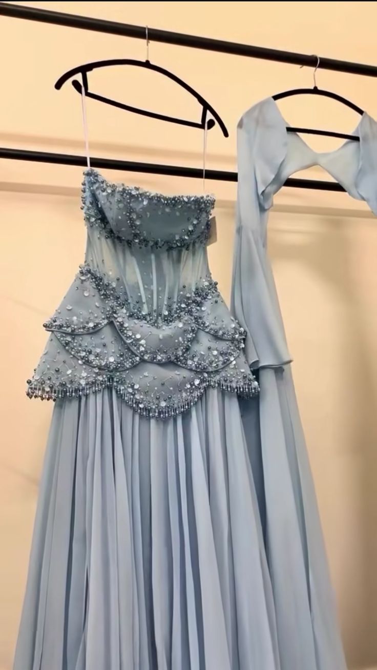 Modest A line Strapless Chiffon Blue With Beads Spring Formal Dress Long Prom Dresses RB4770