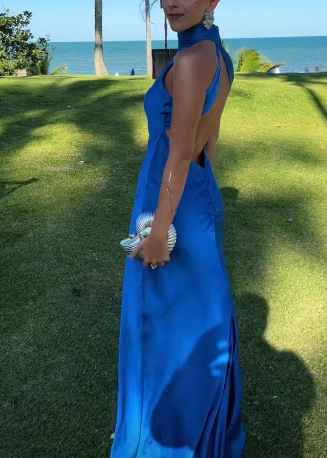 Einfaches Etuikleid, hochgeschlossen, königsblau, rückenfrei, Satin, langes Ballkleid, Abendkleid N2494