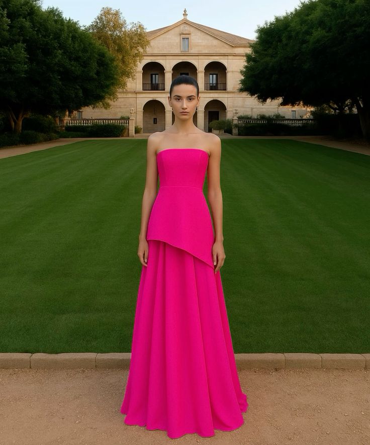 Robe de bal fourreau rose fuchsia sans bretelles en mousseline, inspiration robe de bal longue et simple avec foulard AB257