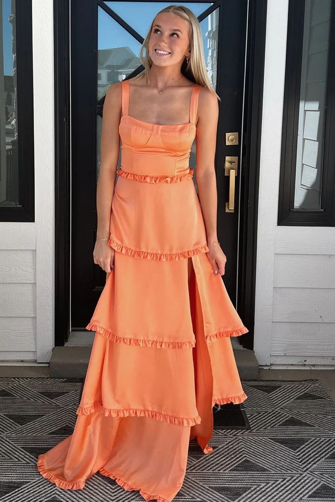 Robe de soirée élégante en satin orange, coupe trapèze, col carré et fente, robe de bal longue et formelle pour femme, robe d'anniversaire pour 16 ans AB1297
