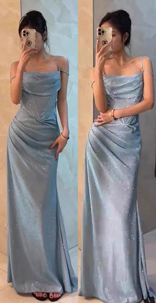 Glitzer Meerjungfrau Spaghettiträger Hellblau Lange Ballkleider für Damen N4191