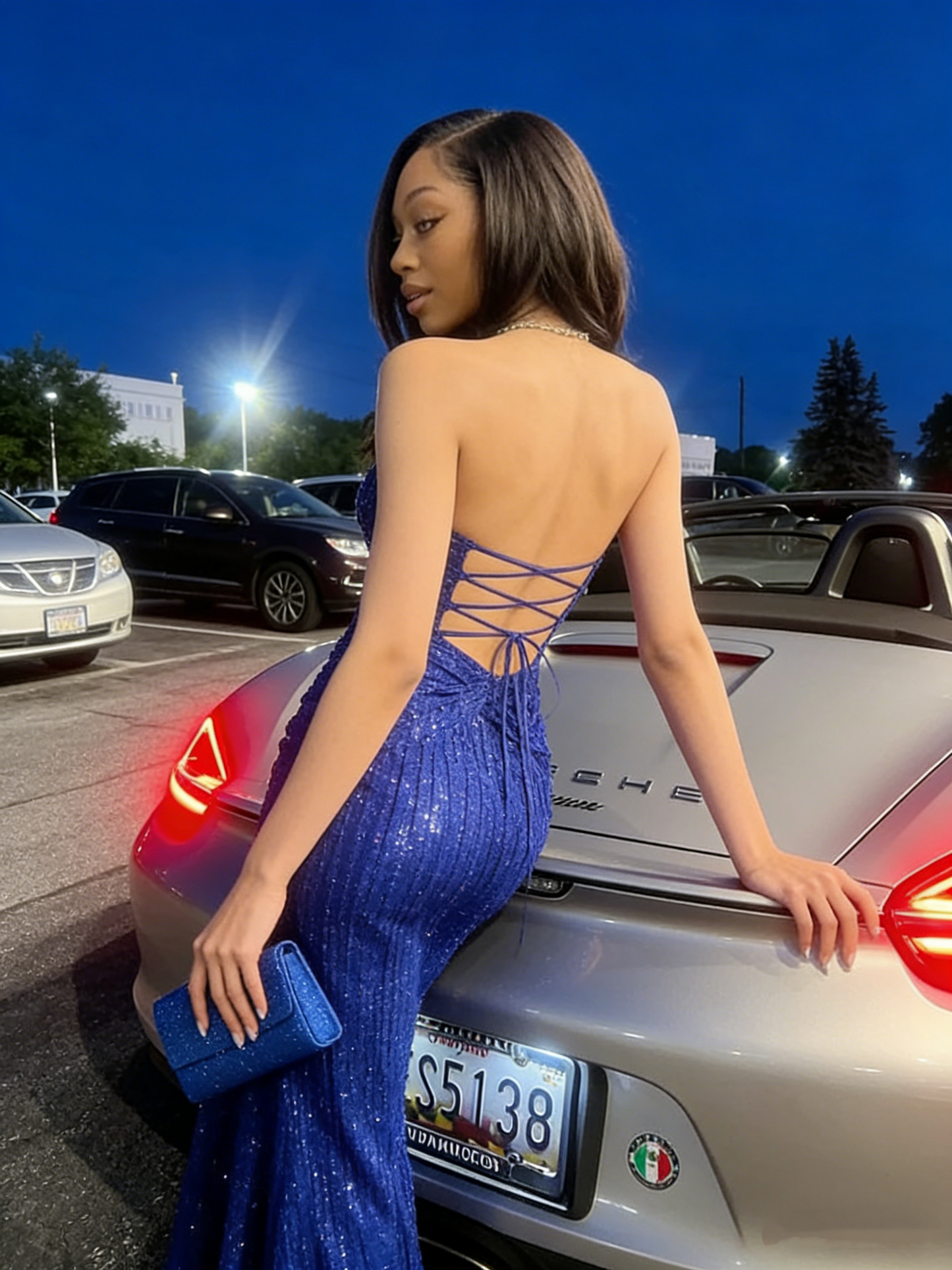 Robe de bal sirène unique à paillettes bleu roi, décolleté en cœur, tenue de soirée pour 21e anniversaire, robe de remise de diplôme RB900