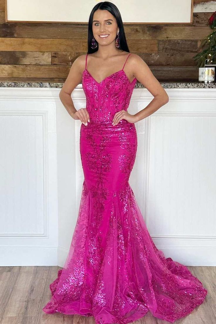 Robe de bal sirène unique à bretelles spaghetti rose vif et paillettes, robe longue de soirée pour 18e anniversaire, robe de remise de diplôme RB1029