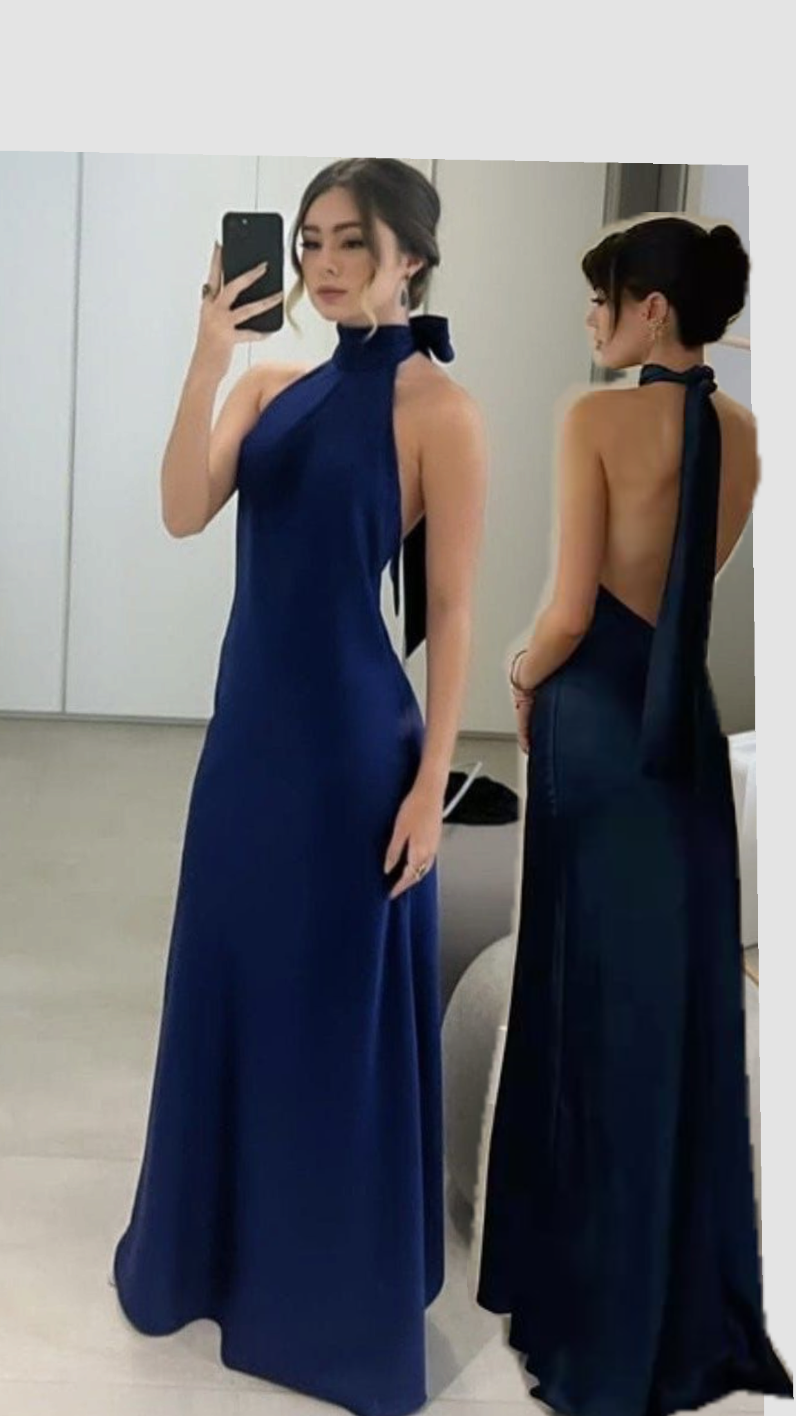 Sexy Marineblau Satin Lange Ballkleider Neckholder Ärmellos Meerjungfrau für Damen N4185