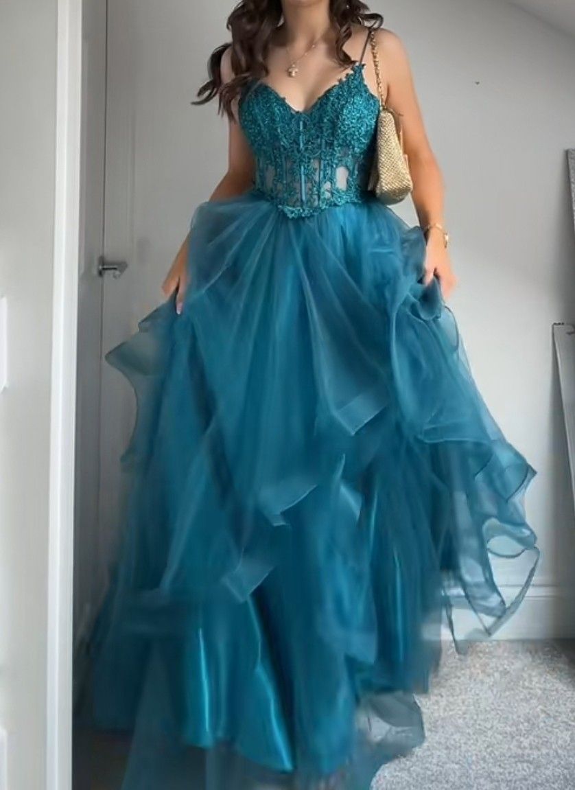 Robe de bal sobre à fines bretelles en tulle bleu turquoise avec applications, longue robe de soirée pour adolescentes AB1437