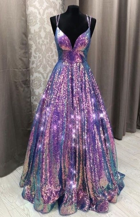 Elegantes Ballkleid mit Spaghettiträgern, lila Pailletten, langes Abendkleid für Teenager AB1439