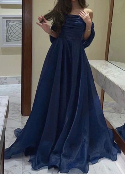 Robe de soirée longue en organza bleu marine, coupe trapèze, AB696
