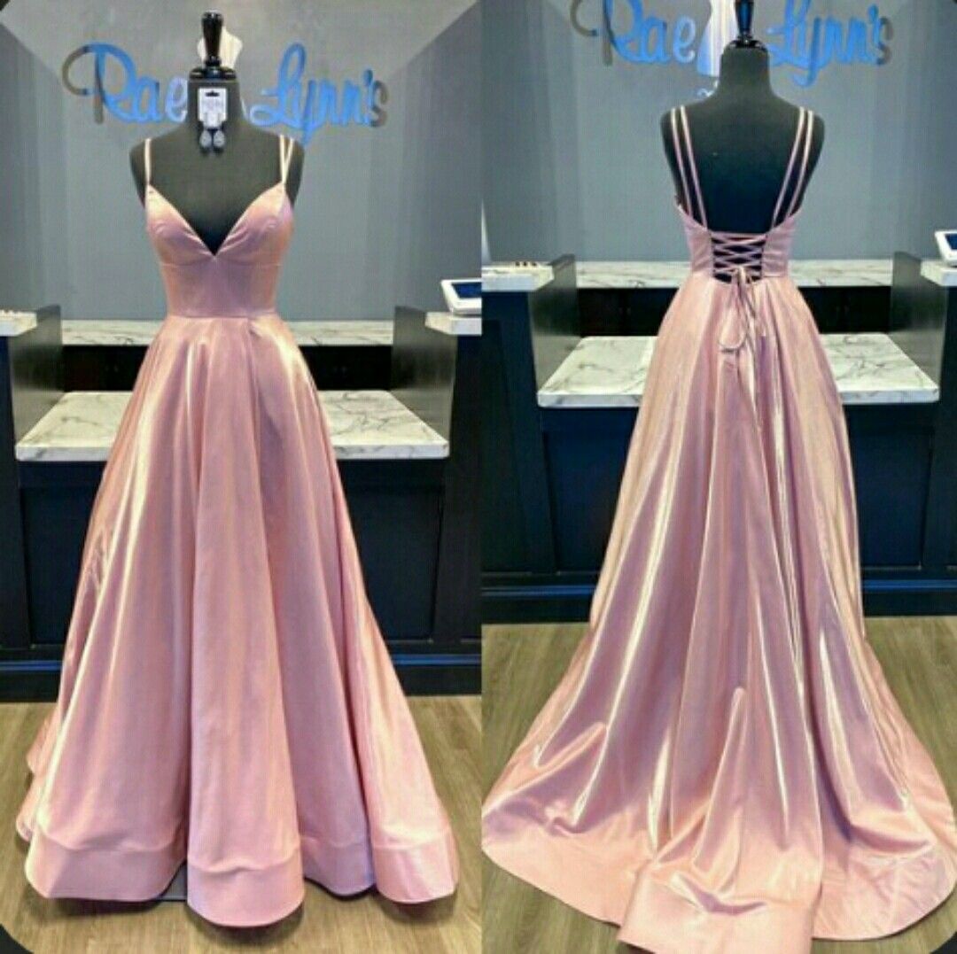 Robes de bal longues sans manches roses en satin à bretelles spaghetti et coupe trapèze vintage pour femmes N4190