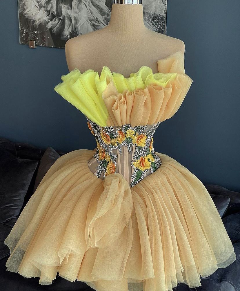 Sexy Ballkleid Trägerlos Gelb Spitze Tüll Mini Kurz Hoco 20. Geburtstag Kleid Homecoming Kleider RB4157