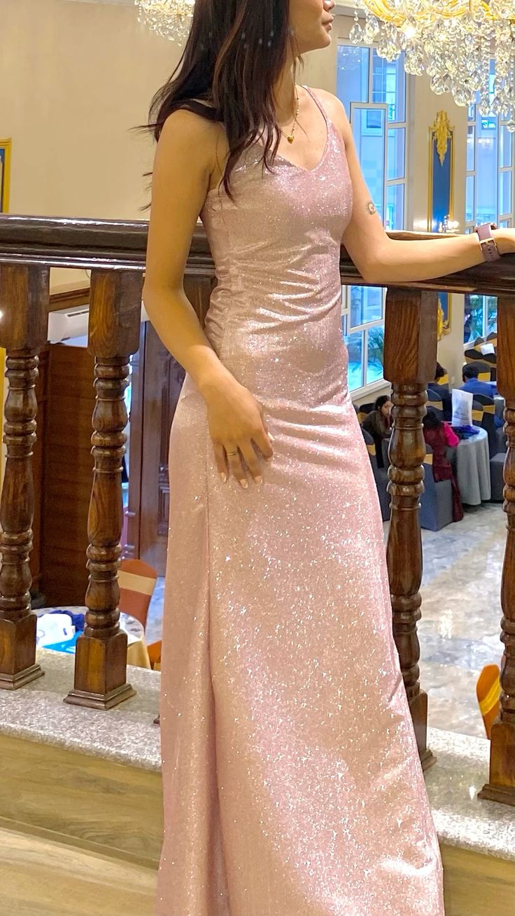Elegantes Meerjungfrauen-Abendkleid mit Spaghettiträgern, rosa Pailletten, für Teenager, Abschlussball oder Schulabschlussball (N015)