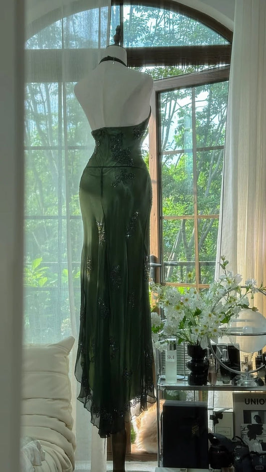 Grünes, ärmelloses Chiffon-Abendkleid mit Perlenbesatz, langes Ballkleid, elegantes grünes Abendkleid, Tanzoutfit N530
