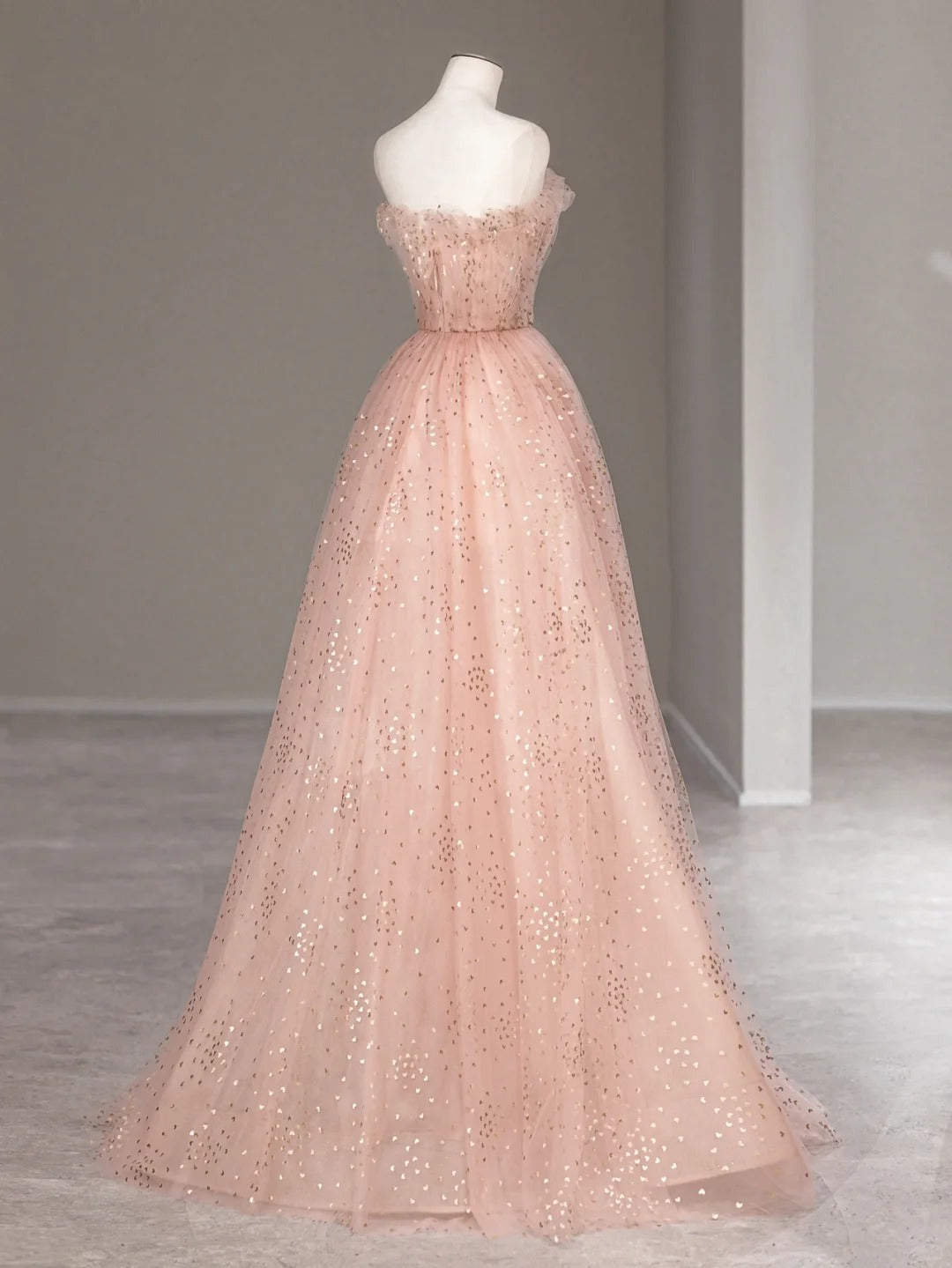 Sweet A line Strapless Pink Tulle Sleeveless Long Prom Dresses Formal Outfits RB3985