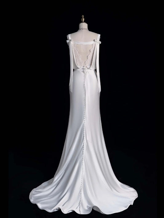 Timeless Mermaid Cowl Neck Lace White Long Wedding Dress Fairytale Boho Beach Summer Bridal Dresses N552