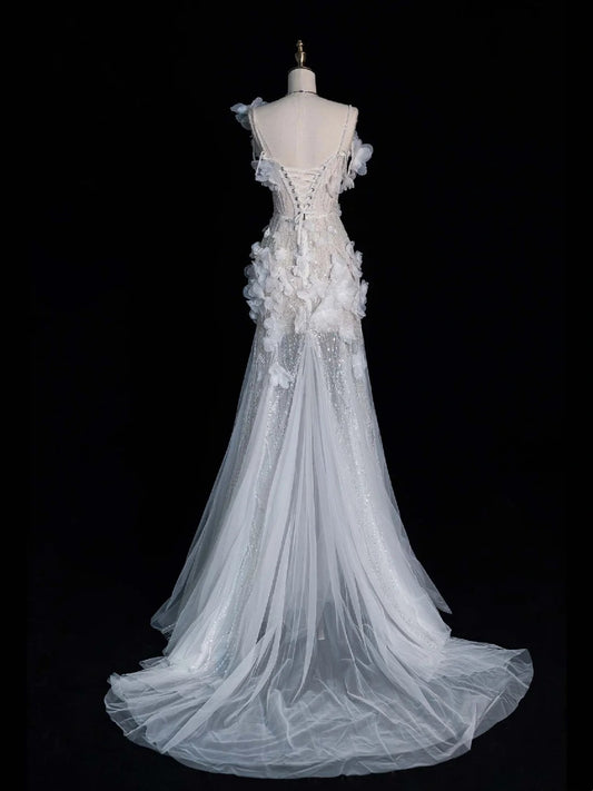 Timeless Mermaid One Shoulder Sequined Flowers White Wedding Dress Fairytale Boho Beach Summer Bridal Dresses N554