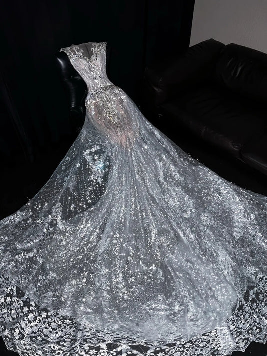 Princess Mermaid Scoop Silver Sequined With Sleeves Wedding Dress Fairytale Boho Summer Sparkly Bridal Dresses N558