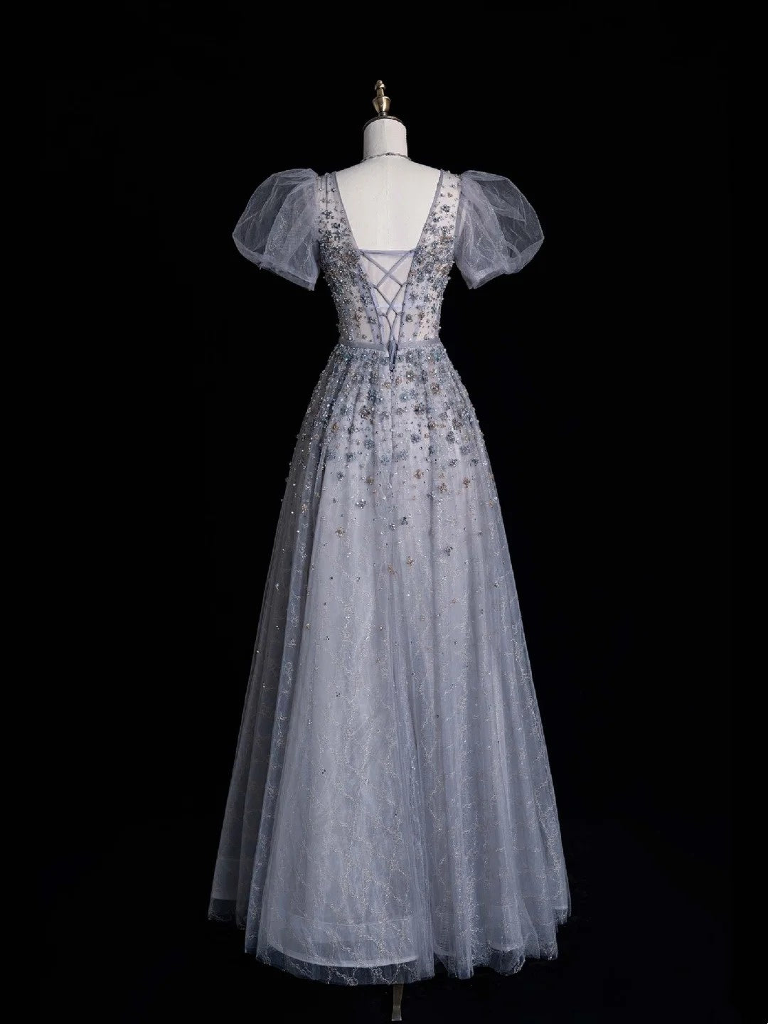 Elegantes Ballkleid mit U-Boot-Ausschnitt, silbergrau, aus Tüll, lang und kurzärmelig, für Schülerinnen und Mädchen, formelles Brautjungfernkleid N1037