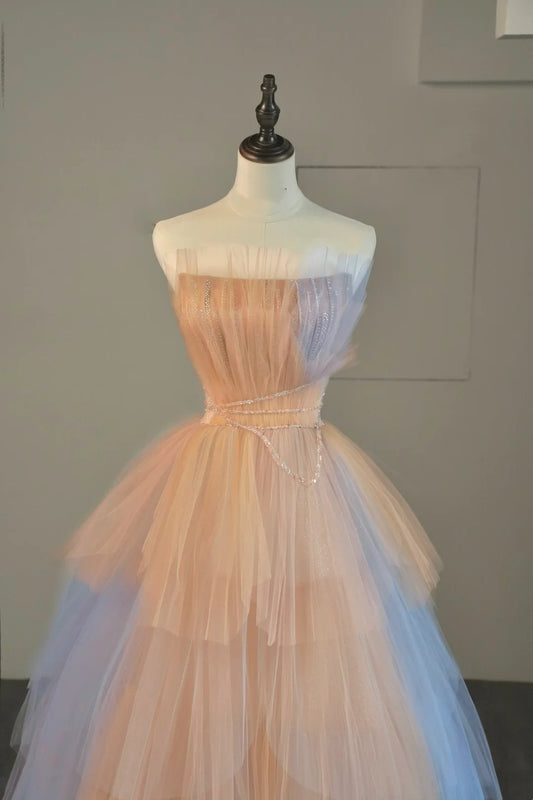 Cute Ball Gown Strapless Pink Blue Tulle Long Prom Dresses For High School People Girls Formal Evening Dress N1039