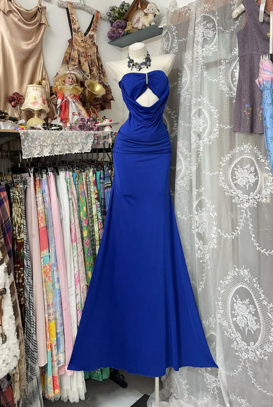 Robe de bal longue bleu roi dos nu, style sirène, modèle N1055
