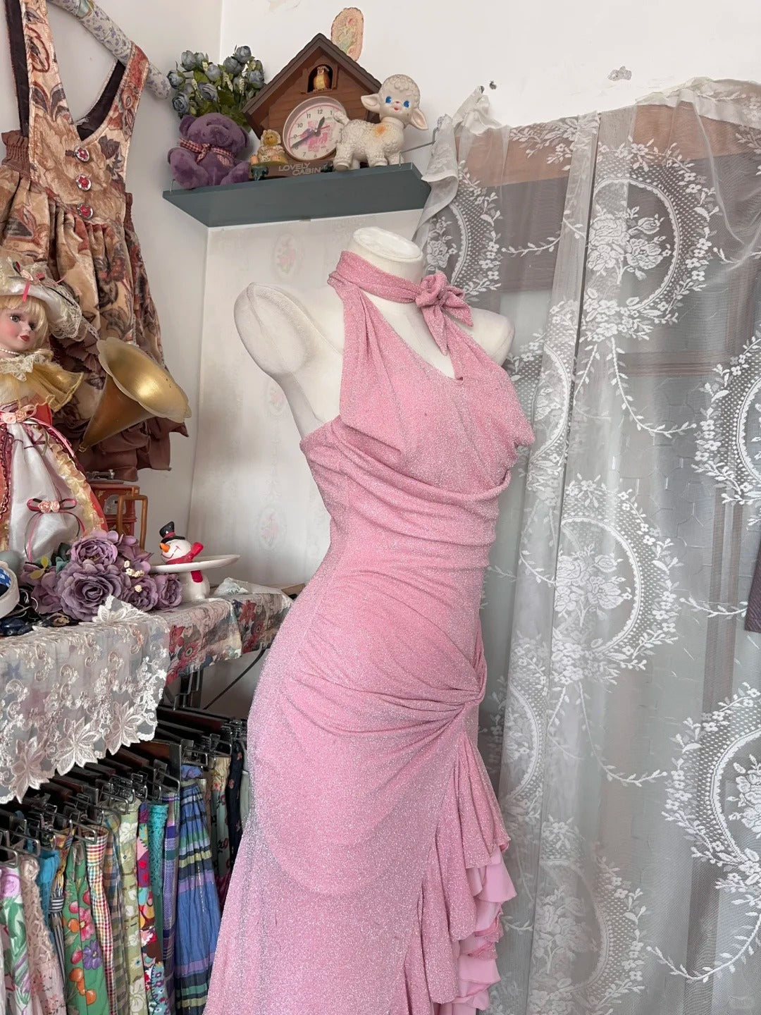 Bezauberndes Meerjungfrauen-Abendkleid mit hohem Kragen, Rüschen und Pailletten, langes Ballkleid, formelles Kleid N1044
