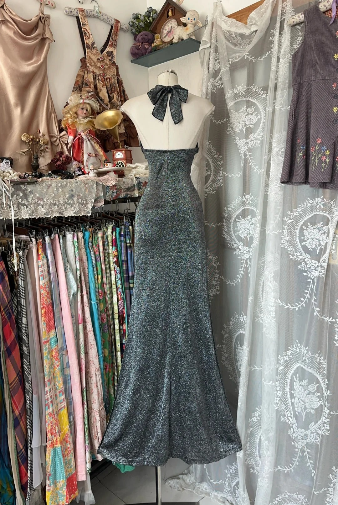 Retro Meerjungfrauen-Halterkleid, grau, lang, für Teenager, Abendgarderobe, Abschlusskleid N1061
