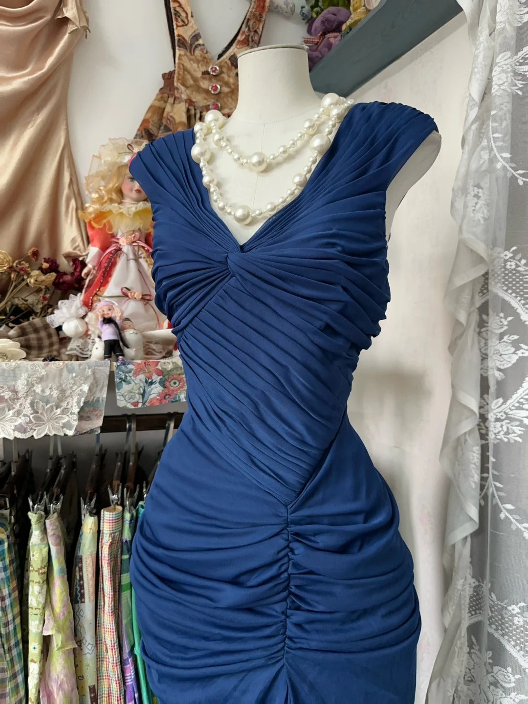 Robe de bal longue en mousseline bleu marine, col en V, style sirène rétro, pour adolescentes - Tenue de soirée - Robe de fin d'études N1062
