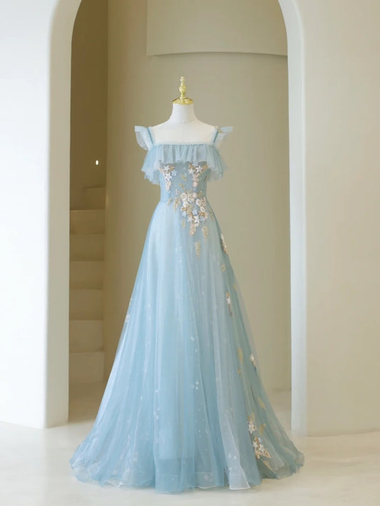 Cute Ball Gown Spaghetti Straps Light Sky Blue Tulle Long Prom Dresses Impress 19th Birthday Outfits Prom Gown AB865