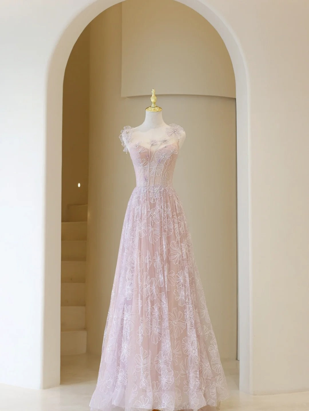 Robe de bal élégante en dentelle rose et tulle, robe de soirée charmante, robe d'invitée de mariage tendance AB1017