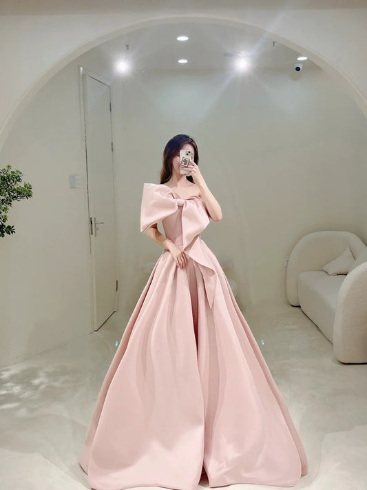 Cute A Line Strapless Pink Satin With Bow-knot Long Prom Dresses Impress 18th Birthday Outfits Prom Gown N301
