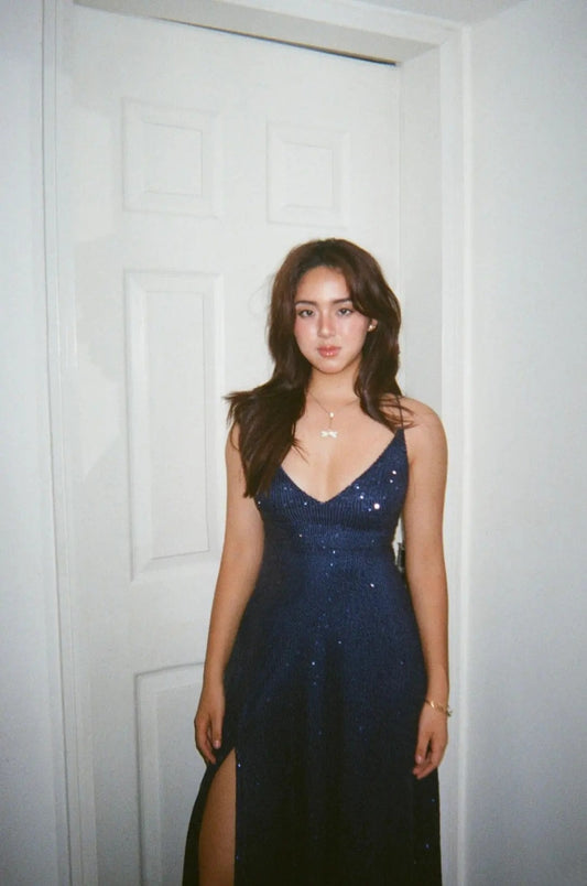 Robe de bal longue bleu marine à fines bretelles et dos corset, style sirène, inspiration pour un 18e anniversaire, robe de soirée formelle N467